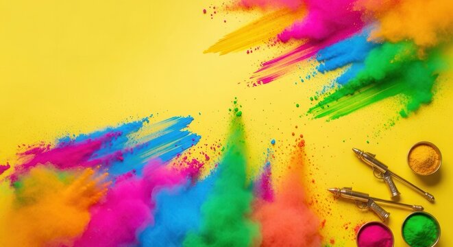 Holi festival celebration with colorful gulal powder and pichkaris