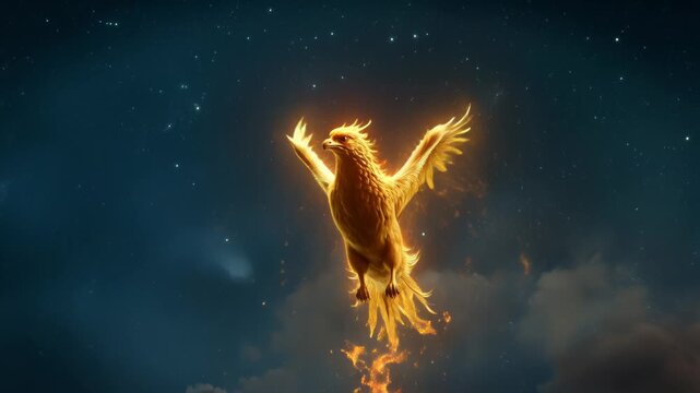 Mythical Phoenix Rising from Flames in the Night Sky. Cinematic Fantasy Video.