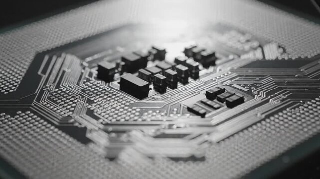 Macro Closeup Of Microchip And Circuit Board Details In High Contrast.