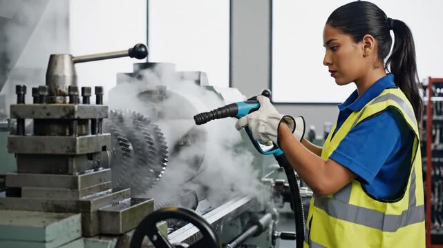 industrial female operator cleaning machine with coolant spray in workshop.