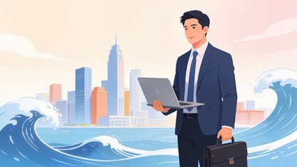 Obraz premium Businessman with laptop and briefcase