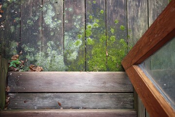 Naklejka premium Overhead View of Weathered Wood Staircase Leading Down to an Old Wooden Door Frame with Moss and Debris in Natural Lighting