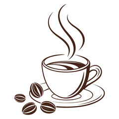 Hot Coffee Cup with Steam and Coffee Beans Line Art Illustration