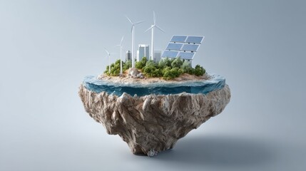 Floating island with renewable energy sources featuring wind turbines, solar panels, and urban landscape surrounded by water, representing eco-friendly innovation