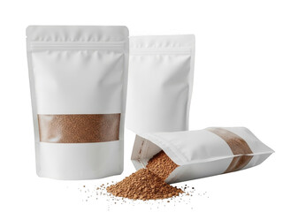 Three white resealable pouches mockup isolated on transparent background with brown contents