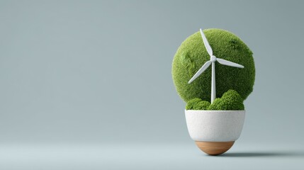 Obraz premium Creative concept of wind turbine with lush green foliage in a stylish pot representing eco-friendly energy solutions and sustainable living ideals