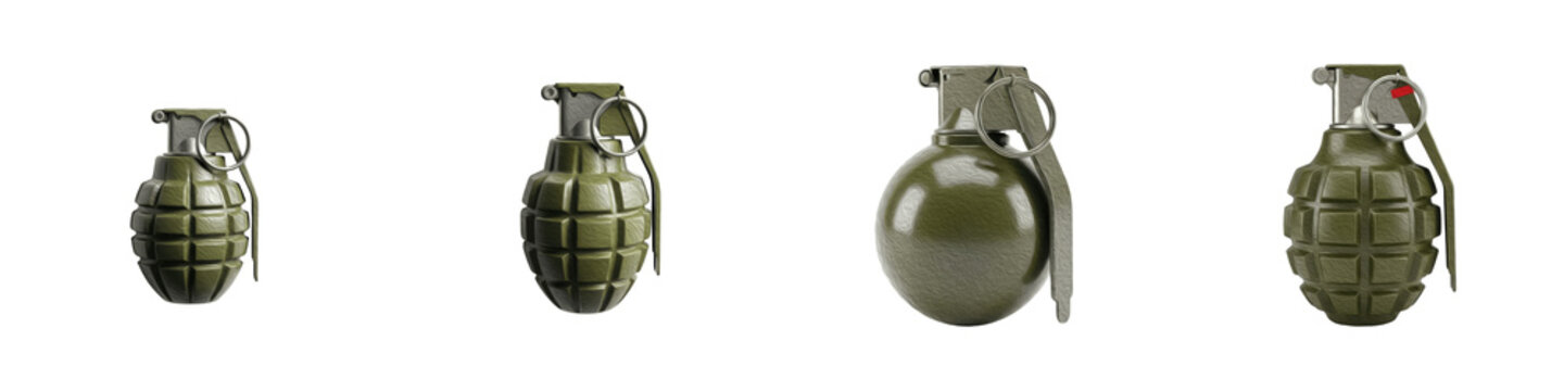 Set of Green Military Hand Grenades, Fragmentation and Smoke Explosives Isolated on Transparent Background, 3D Illustration PNG Cutout