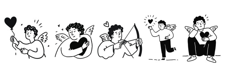 Obraz premium Hand drawn valentine cupid cherub doodle illustrations with hearts wine and pizza for love and romance themes