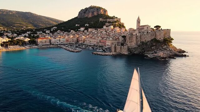 Aerial view of coastal town with sailboat and clear blue sea hd 4k, HD 4K , Sailboat near historic coastal city by turquoise sea,Aerial view of seaside town and sailboat in summer,Beautiful coastal ci