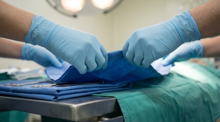 Surgeon's hands preparing sterile blue drapes on operating table in medical theater