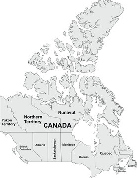 Canada map in gray color with white outline and All Canadian regions all name stock illustration eps vector file fully editable