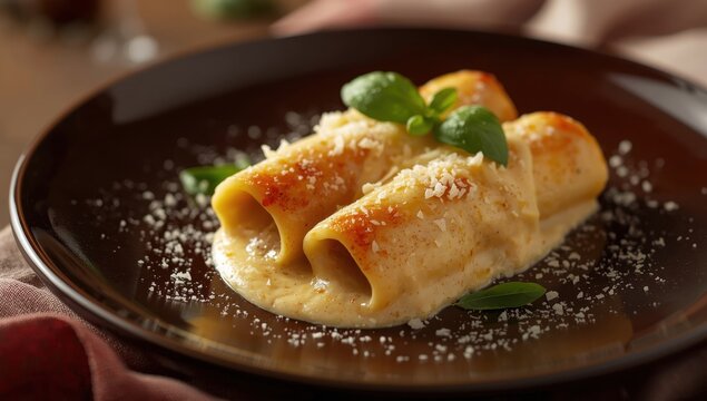 Homemade cannelloni with rich b&eacute;chamel and cheese on a dark dish, classic Mediterranean comfort