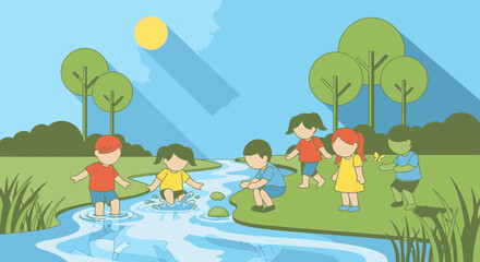 Naklejka premium Cartoon illustration of happy children playing in a shallow river on a sunny day in a green park with trees.