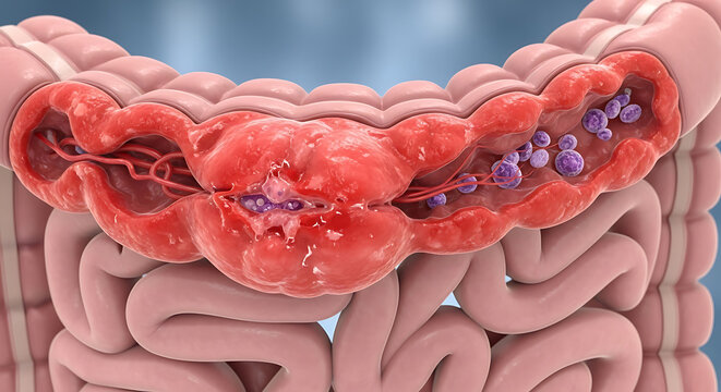 Medical illustration of inflamed human intestine showing disease or abnormal growth.