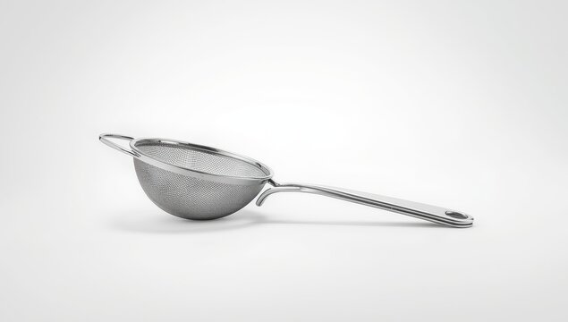 A solitary hand strainer on a white background