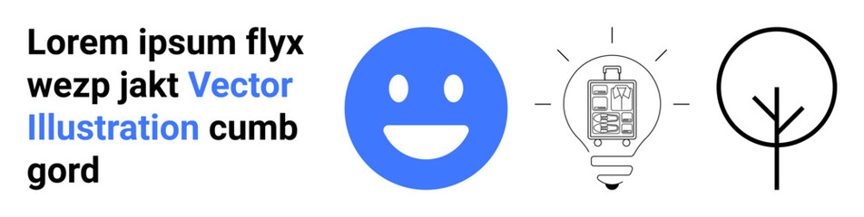 Fototapeta premium Technology design, digital communication, environmental icons, energy innovation, simplicity, nature. Blue happy face, circuit-enabled lightbulb and streamlined tree. Technology design and digital