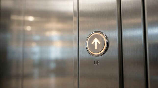 Close-up of modern elevator panel with only the up arrow button glowing