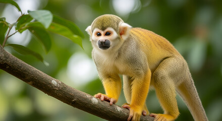 Obraz premium Realistic photo of a squirrel monkey standing on a tree branch in a tropical forest, showing sharp details, natural colors, and exotic wildlife in its natural habitat.