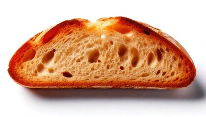 Close-up of a freshly baked artisan bread slice, showcasing texture and golden crust.