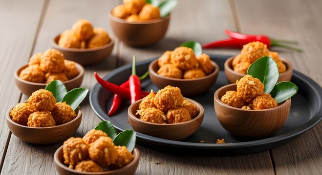 Spicy fried meatballs or cimol served in small wooden bowls with lime leaves and red chili on a rustic wooden table.