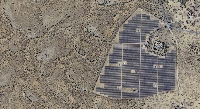 Aerial View of Bhadla Solar Park in Rajasthan, India - Massive Renewable Energy Infrastructure