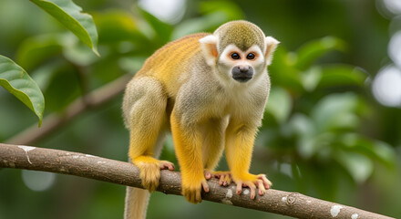 Realistic photo of a squirrel monkey standing on a tree branch in a tropical forest, showing sharp details, natural colors, and exotic wildlife in its natural habitat.