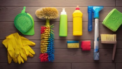 Cleaning Supplies Arranged Neatly on Wooden Surface, Ready for Housekeeping Tasks.