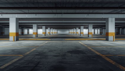 Naklejka premium A vacant parking structure featuring yellow markings and white columns