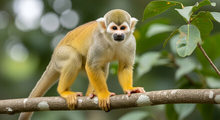 Obraz premium Realistic photo of a squirrel monkey standing on a tree branch in a tropical forest, showing sharp details, natural colors, and exotic wildlife in its natural habitat.