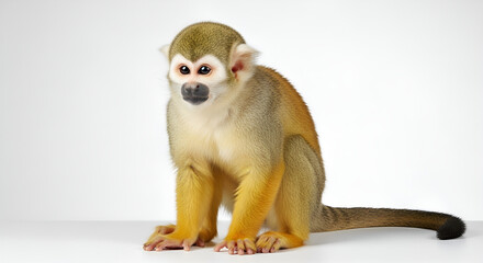 Obraz premium Realistic photo of a squirrel monkey sitting and facing the camera on a clean white background, with sharp fur details and natural colors, ideal for wildlife and isolated concepts.