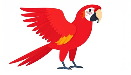 Fototapeta premium Vibrant cartoon illustration of a macaw with outstretched wing, red plumage, and white background