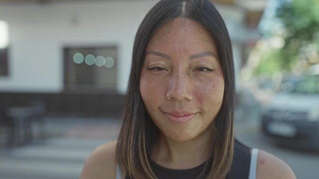 Young latina woman face smiling with freckled cheeks and subtle sunburn on street; confidence resilience hope.