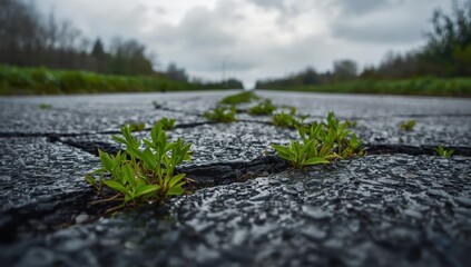 Fototapeta premium Pavement post-rain with spring weeds sprouting from fissures