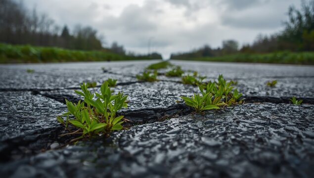Pavement post-rain with spring weeds sprouting from fissures