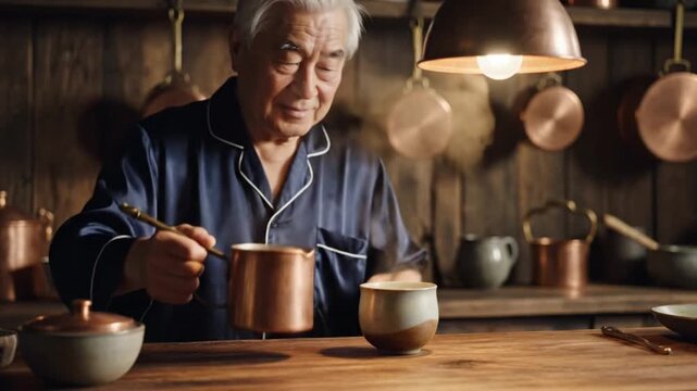 Elderly man pouring coffee into cup in rustic kitchen.