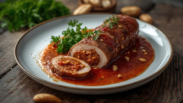 Pork loin filled with chorizo and topped with roasted red pepper sauce