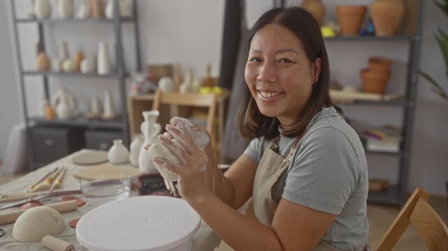 Woman shaping a ball of clay with her hands at a pottery table in a sunlit studio, smiling and wearing an apron; creativity serenity.