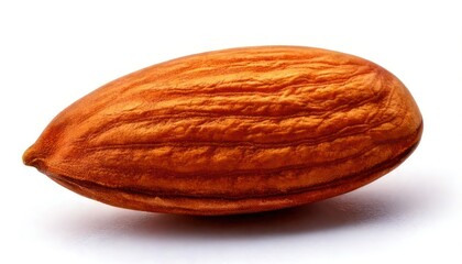 Close-up of a single almond nut, showing its textured surface and natural color, isolated on white.