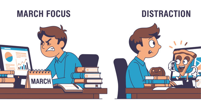 Man Concentrating on Work versus Distraction.