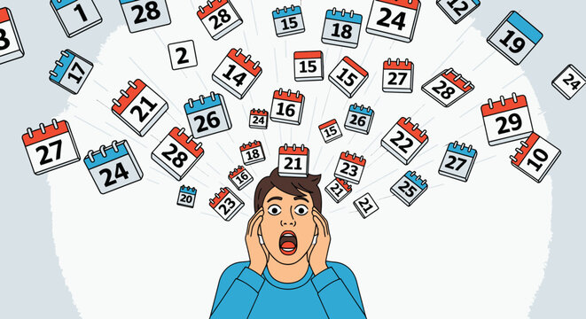 Man Overwhelmed by Multiple Calendars and Dates.