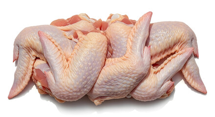 Pile of Fresh Raw Chicken Wings Ready for Cooking, Showing Skin and Meat Isolated on a White Background