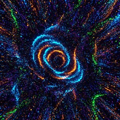 Partikel-partikel berputar yang berwarna-warni menciptakan efek spiral kosmik yang dinamis.