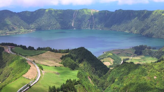 Landscape view from "Grota do Inferno" viewpoint to Sete Cidades Lake, Sao Miguel island, Azores, Portugal