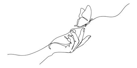 Continuous one line of a hand releasing a butterfly, freedom and transformation symbolism, drawn illustration. © Haus