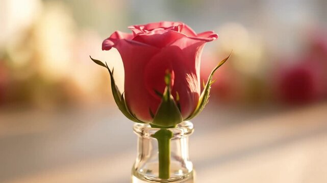 Delicate pink rose bloom in a small glass vial bathed in soft sunlight a symbol of beauty love and elegance for romantic designs and heartfelt moments