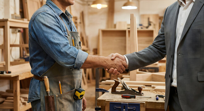 professional carpenter in apron shaking hands with businessman in suit in woodworking workshop representing successful small business partnership craftsmanship and custom furniture deal