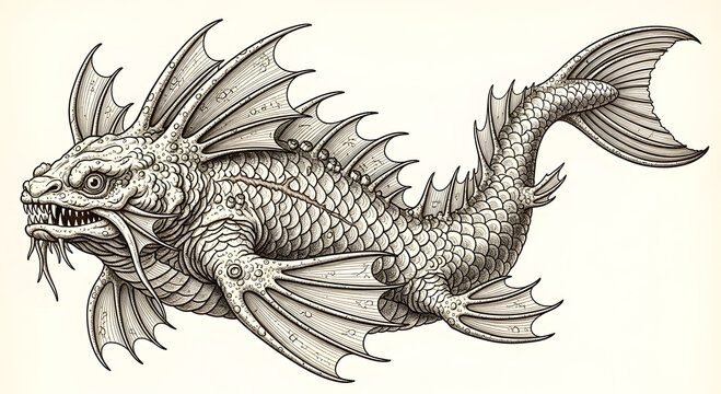 Intricate Vintage Engraving Style Drawing of a Mythical Sea Monster with Scales, Fins, and Sharp Teeth, Fantasy Creature Illustration