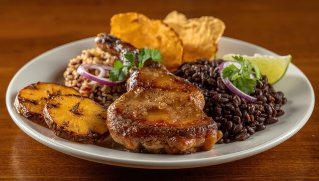Cuban-style pork chops, marinated with pineapple, served with black bean rice, grilled onions, and fried plantains