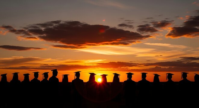 Silhouettes of a row on graduating students