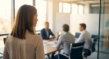 Obraz premium professional businesswoman standing in modern office looking at diverse team of colleagues during corporate meeting and strategic collaboration session in bright conference room